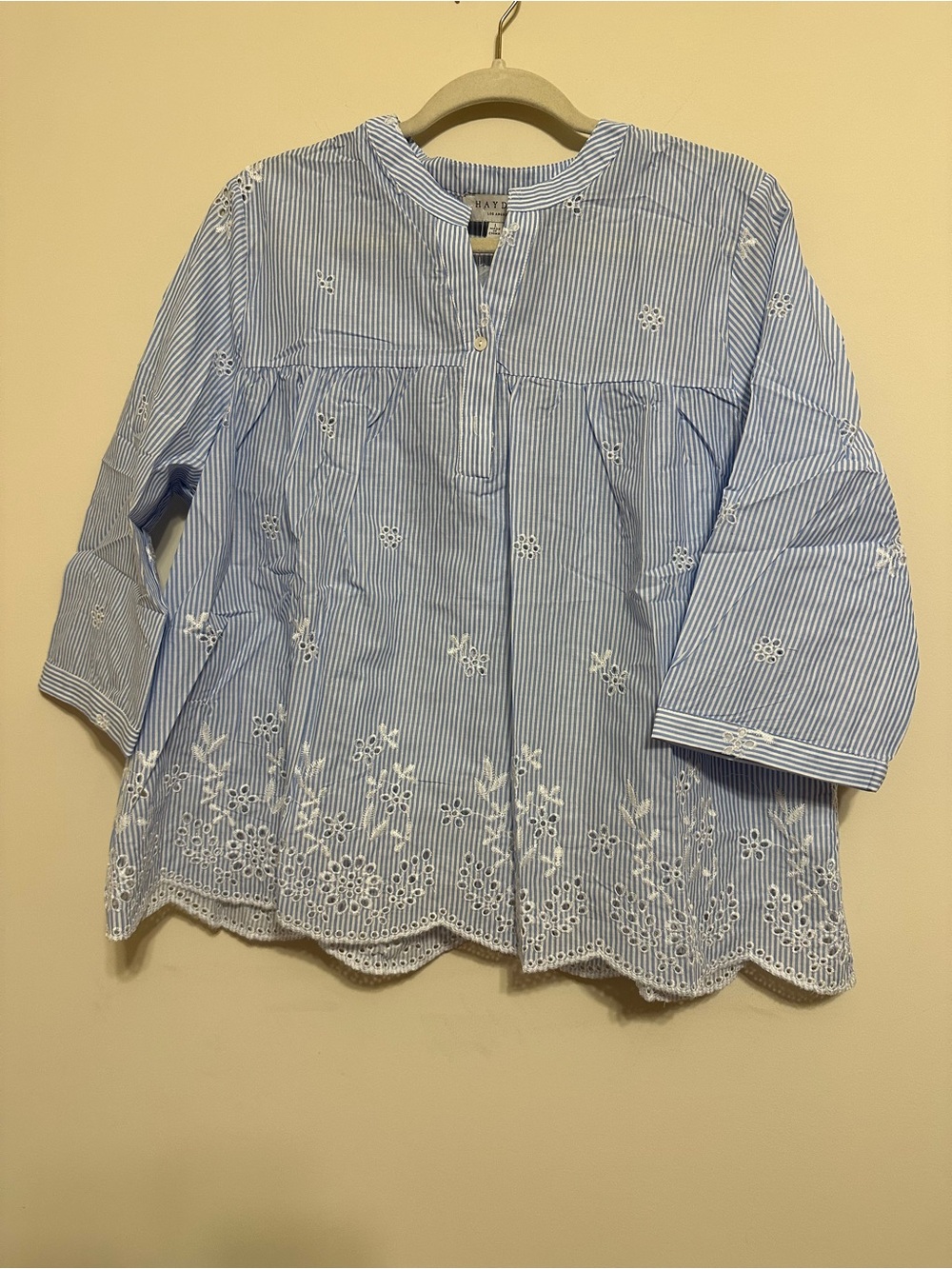 Hayden Blue & White Striped Embroidered Peasant Blouse Sz Lg